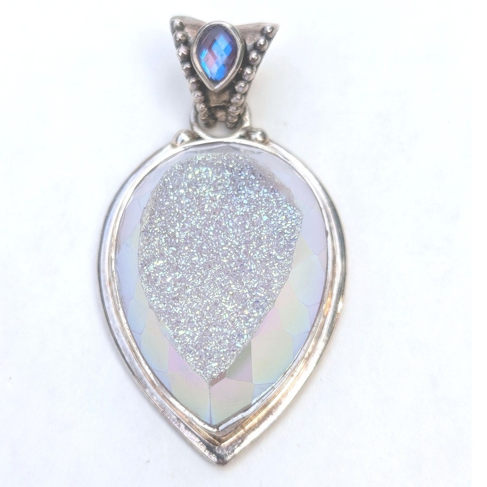 Sajen Sterling Silver 925 Iridescent Druzy Quartz Teardrop Pendant Ice Princess